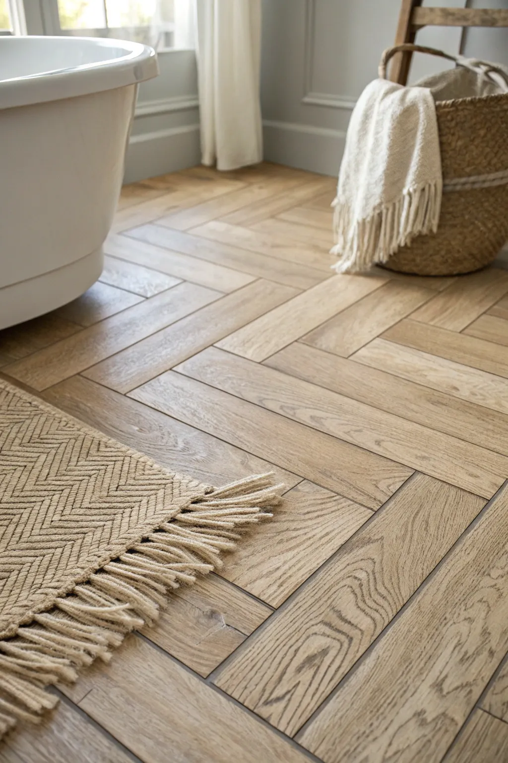 Elevate your bathroom with the rustic charm and durability of wood look tiles. Perfect for a cozy yet stylish retreat!