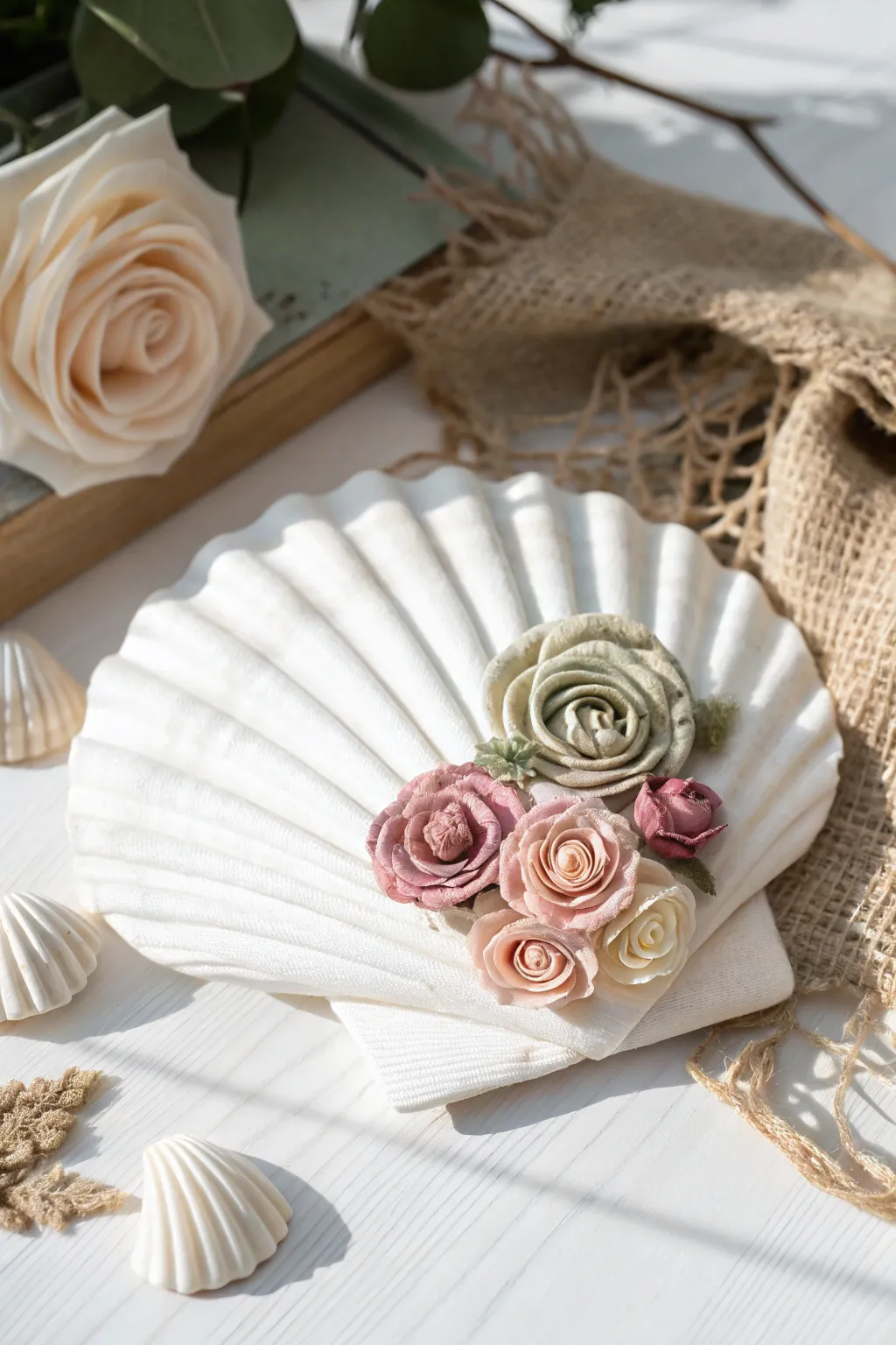 Add a touch of vintage charm to your holiday decor with these elegant seashell ornaments adorned with handmade fabric roses.