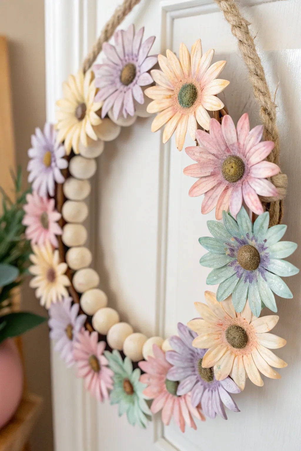 Embrace the elegance of handcrafted beauty with this pastel sunflower wreath—a perfect touch of spring for your home all year round.