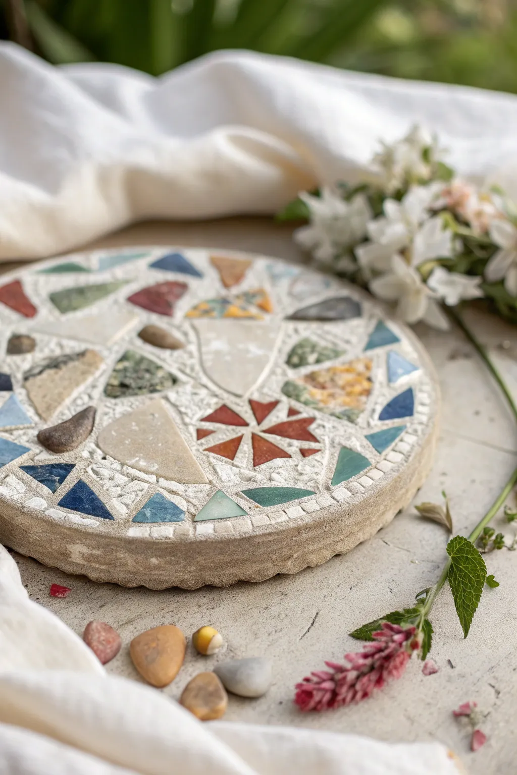 Transform broken pottery into stunning stepping stones and add a sustainable touch to your garden pathways.
