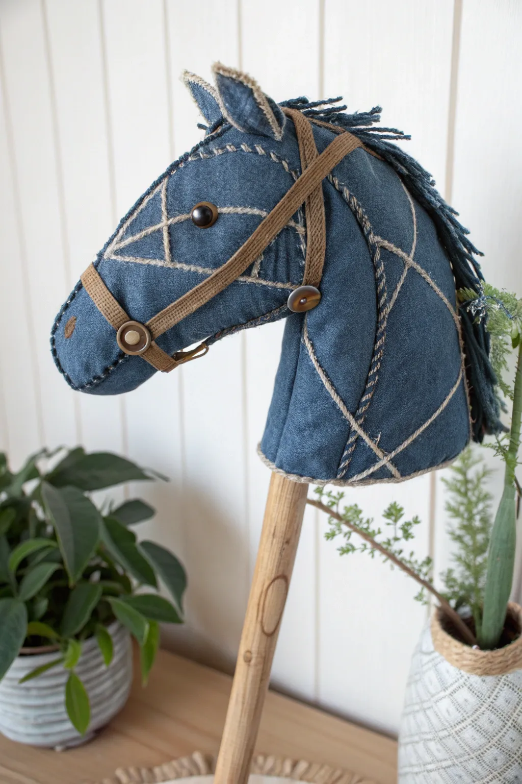 Transform old denim into a charming stick horse with a rugged, adventurous spirit. Perfect for DIY enthusiasts who love a touch of Scandinavian simplicity.