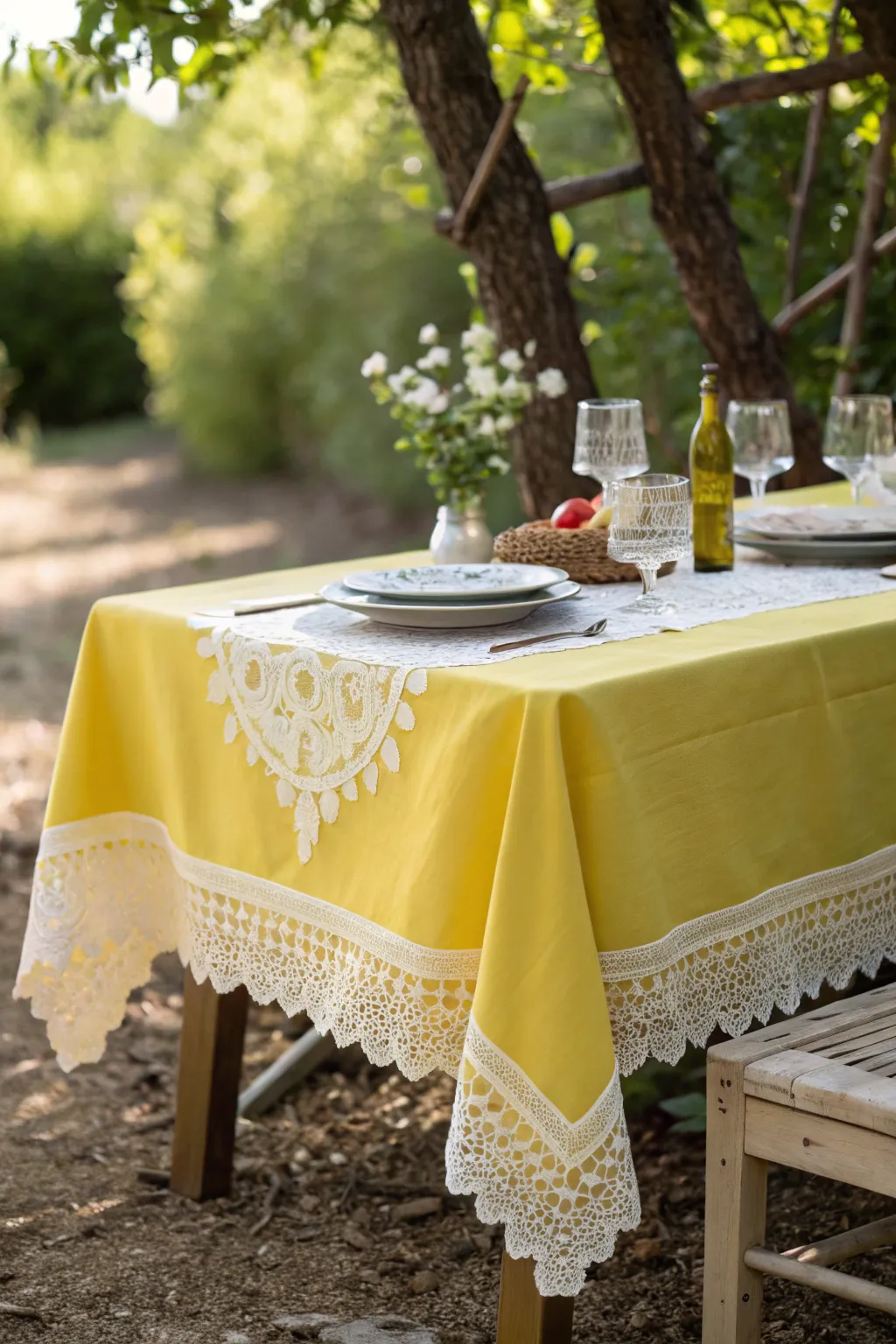 Transform your table with a touch of elegance: a vibrant plastic base meets delicate lace for the perfect picnic chic.