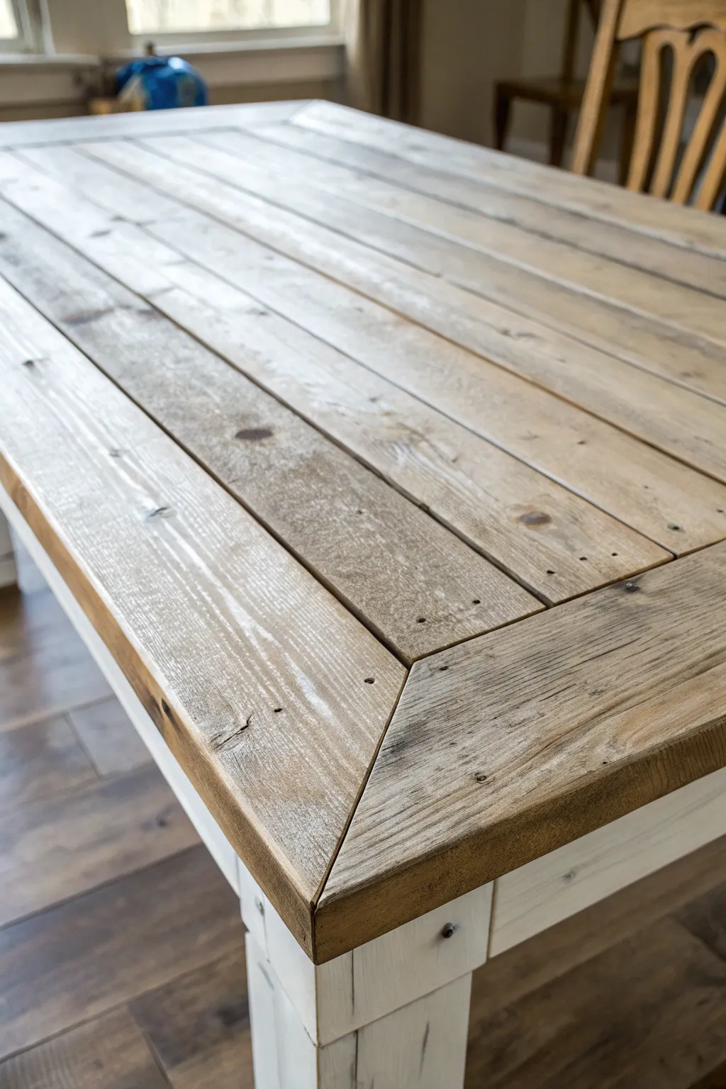 Transform your dining space with a rustic shiplap table top: a perfect blend of elegance and craftsmanship.