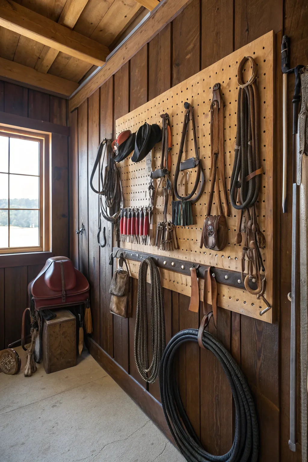 Transform your tack room with a bespoke pegboard system—where style meets functionality.