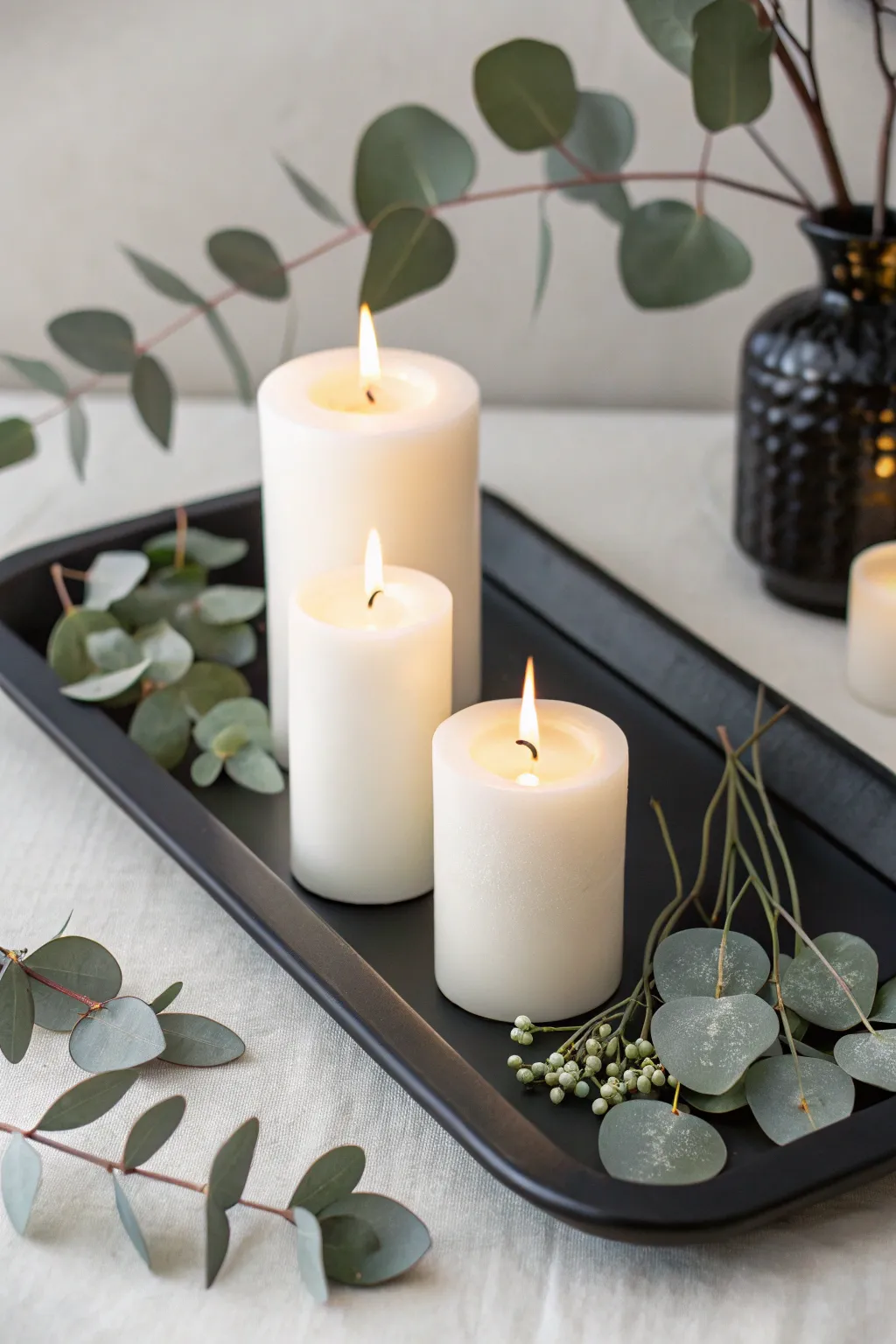 Create a serene Thanksgiving ambiance with this modern minimalist candlescape, where simplicity meets natural elegance.
