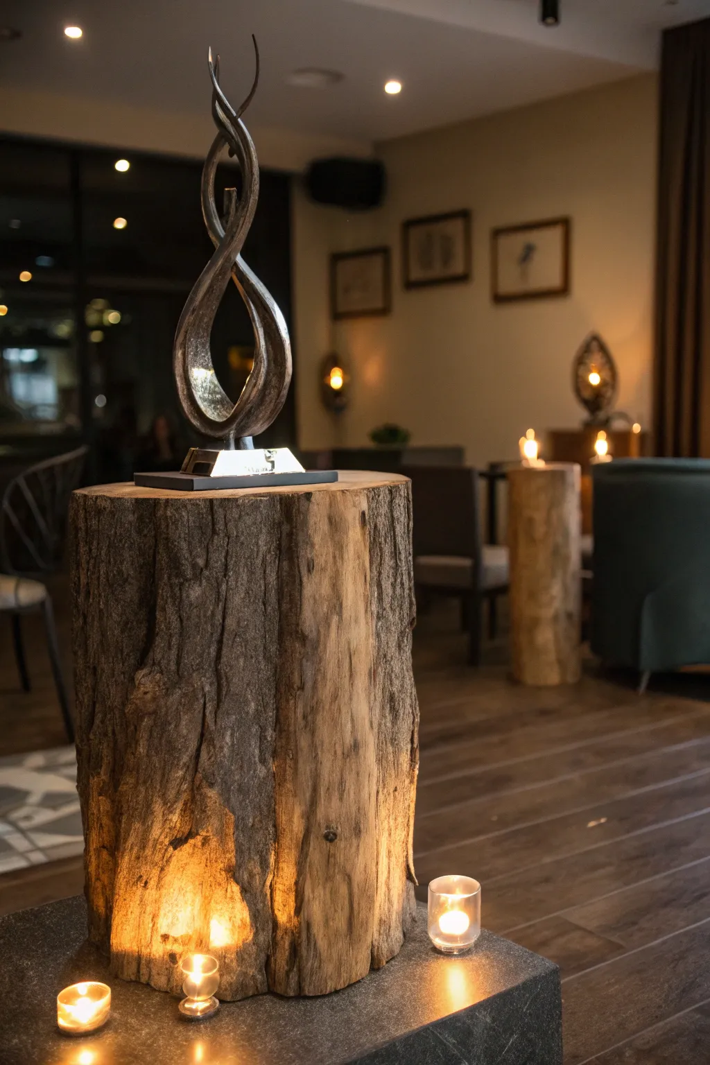 Illuminate your space with a rustic stump showcasing art in a whole new light.