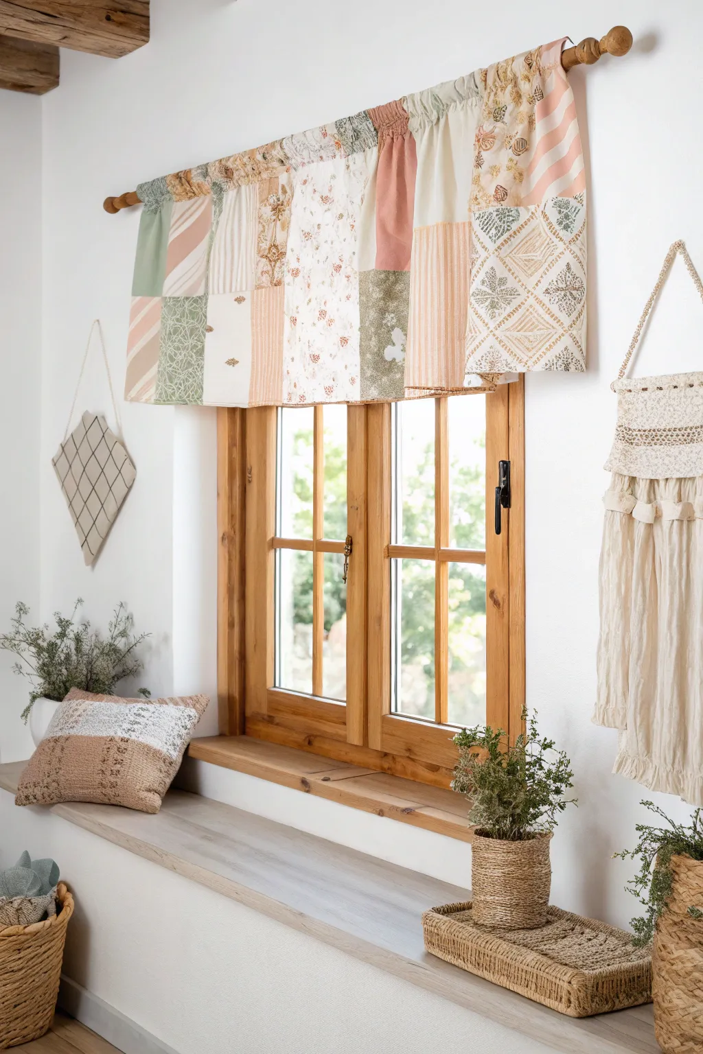 Transform your space with a charming DIY patchwork valance, a perfect blend of minimalist elegance and bohemian flair.