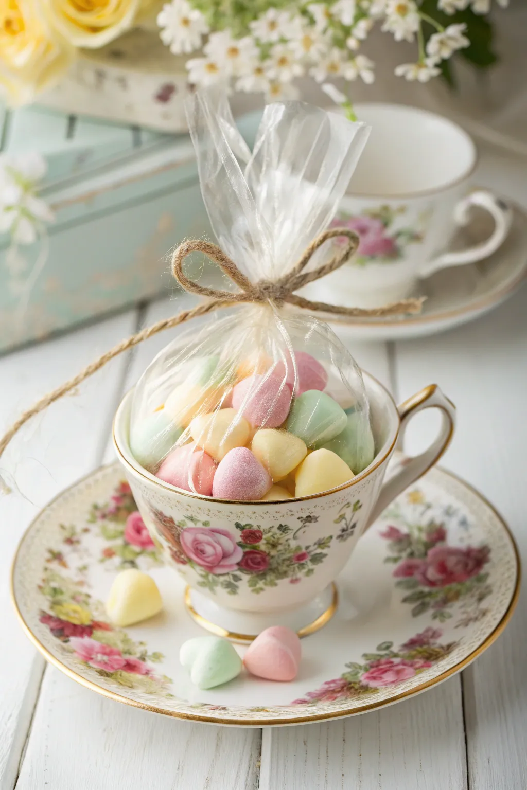 Elegance and sweetness combined: Vintage tea cups filled with candy, the perfect DIY Valentine gift.