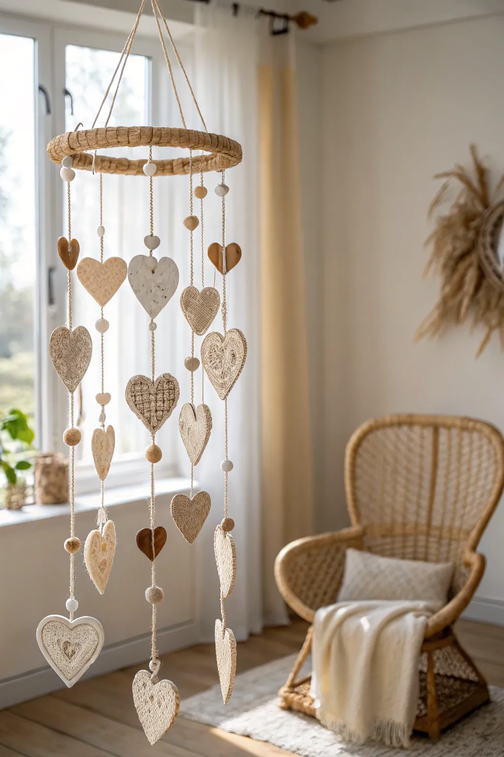 Capture the essence of love with a handcrafted heart mobile, where simplicity meets elegance in a Scandinavian-Boho blend.
