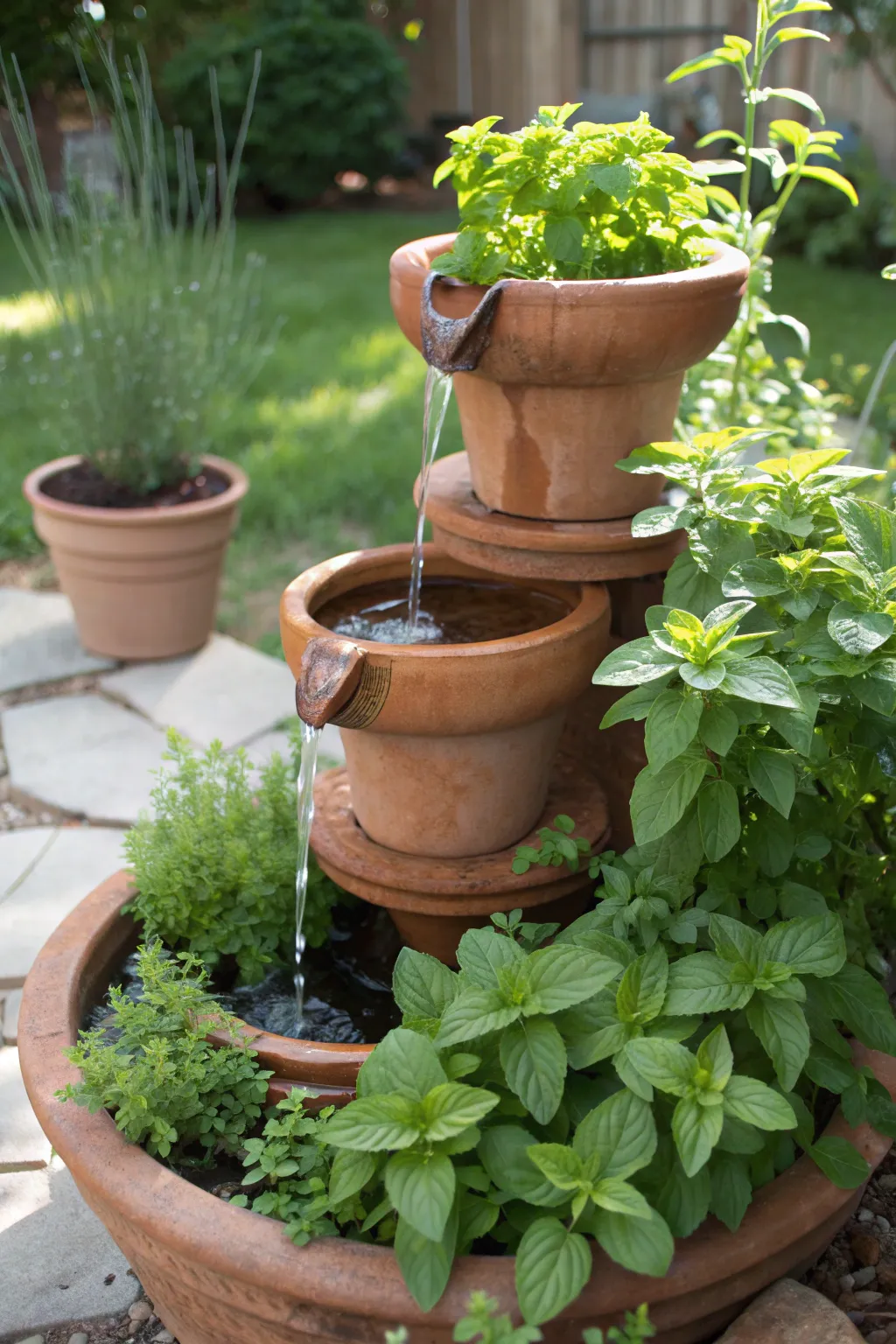Create a sensory garden retreat with a DIY pot fountain surrounded by aromatic herbs. #GardenInspiration #MinimalistBoho