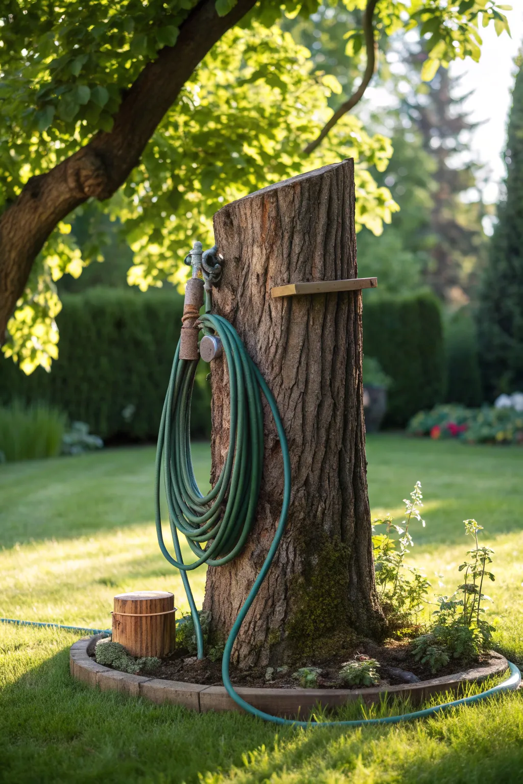Embrace nature's elegance with a handcrafted tree trunk hose holder.