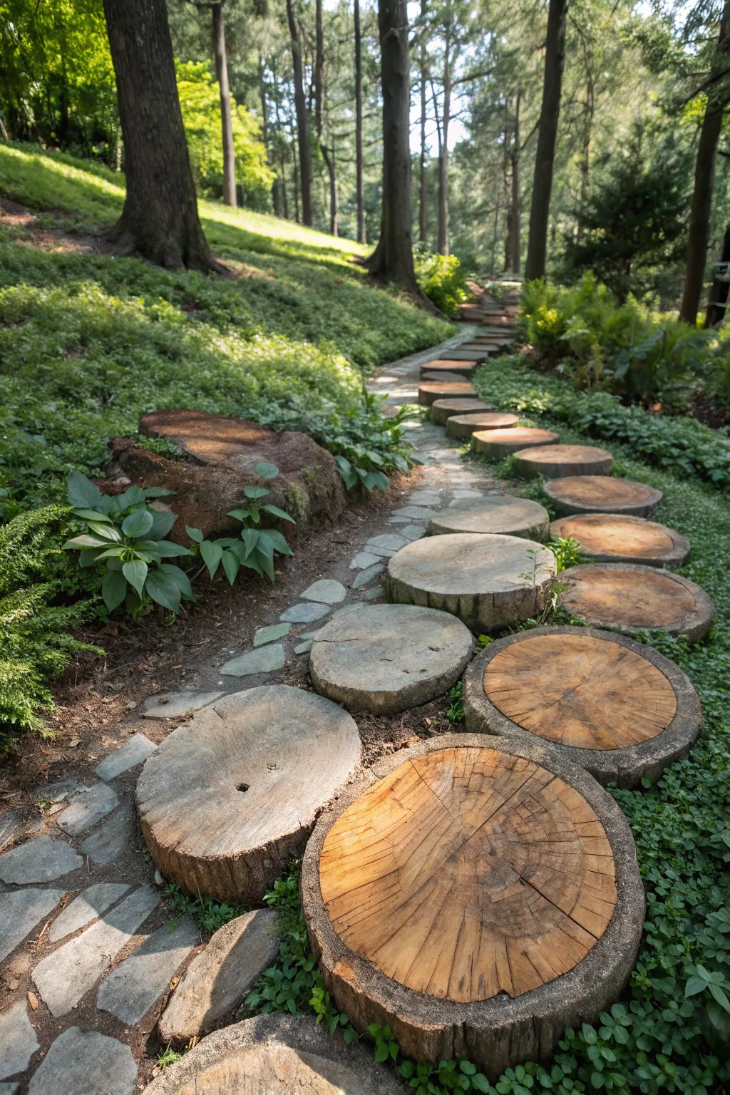 Step into serenity: Transform your garden with handcrafted wood slab pathways.