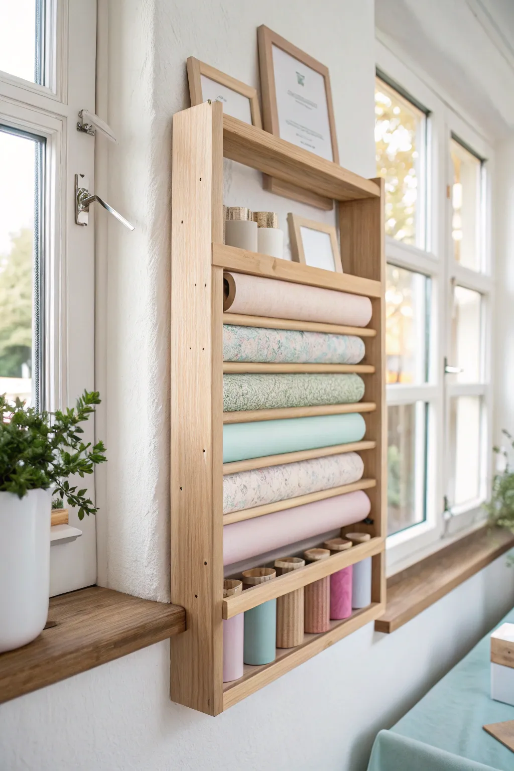 Elevate your space with DIY shelves that blend Scandinavian simplicity and Boho charm for stylish wrapping paper storage.