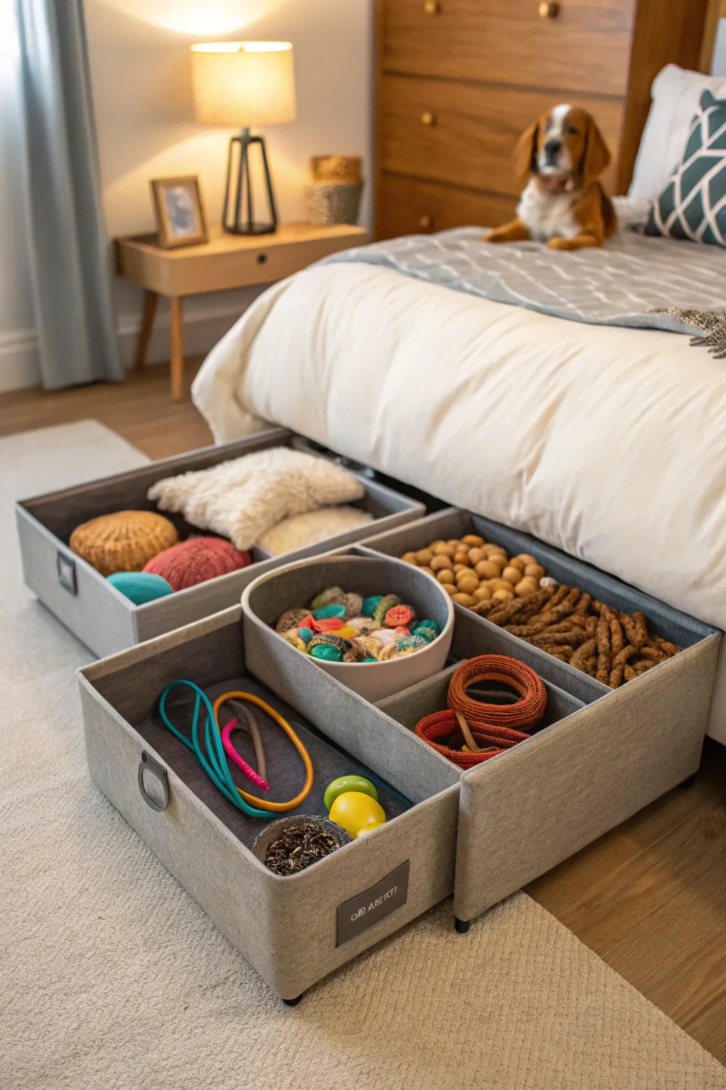 Hidden under-bed storage for dog supplies, perfect for small living spaces.