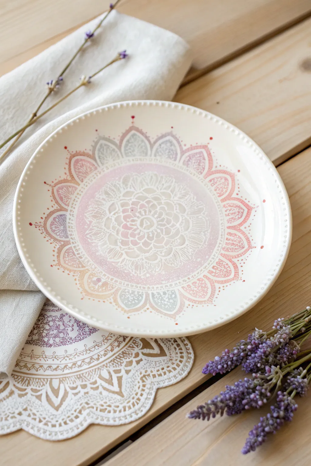 Transform your plain plates into vintage treasures with painted doily designs. A touch of elegance for your home display!