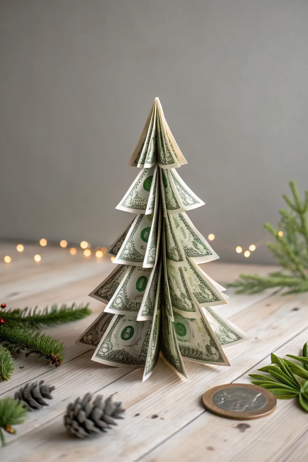 Embrace the whimsical charm of dollar bill origami with this playful Christmas tree design.