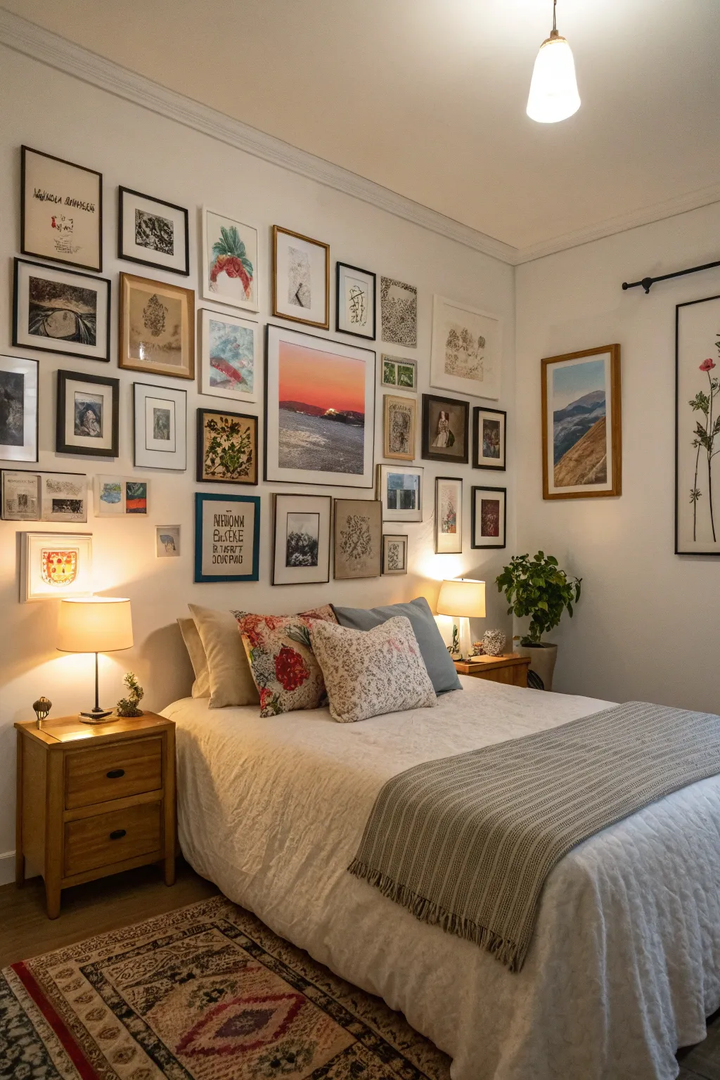 A gallery wall with diverse art pieces personalizes and enlivens the bedroom.