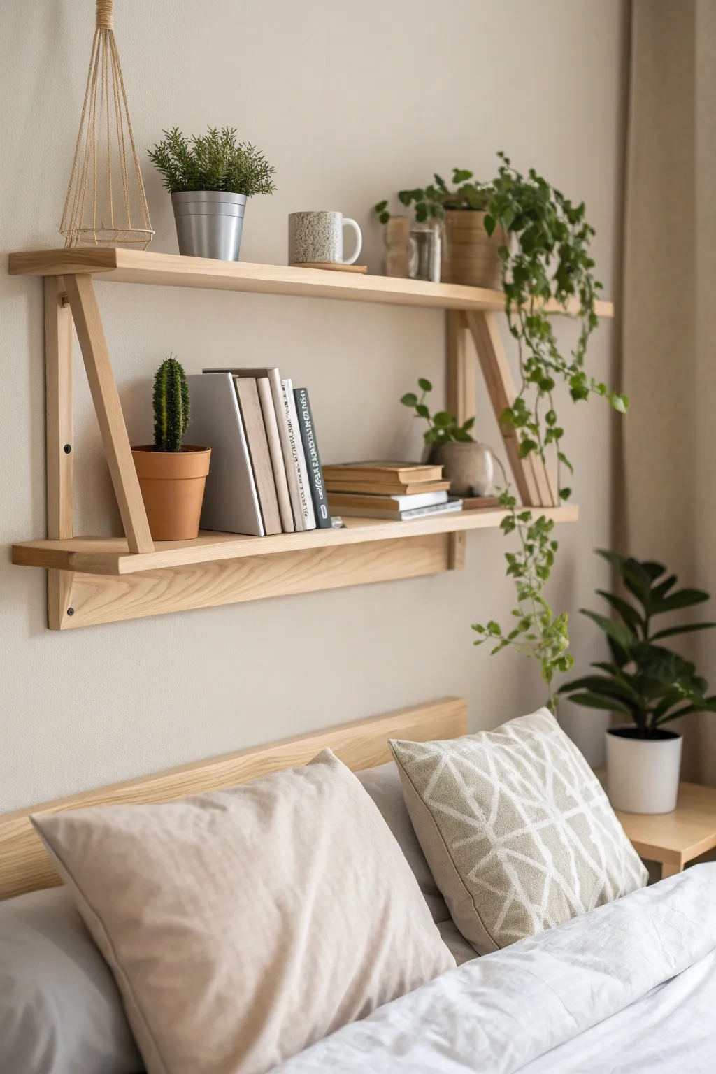 Elevate your dorm room with stylish above-the-bed shelves for a touch of home and extra storage!
