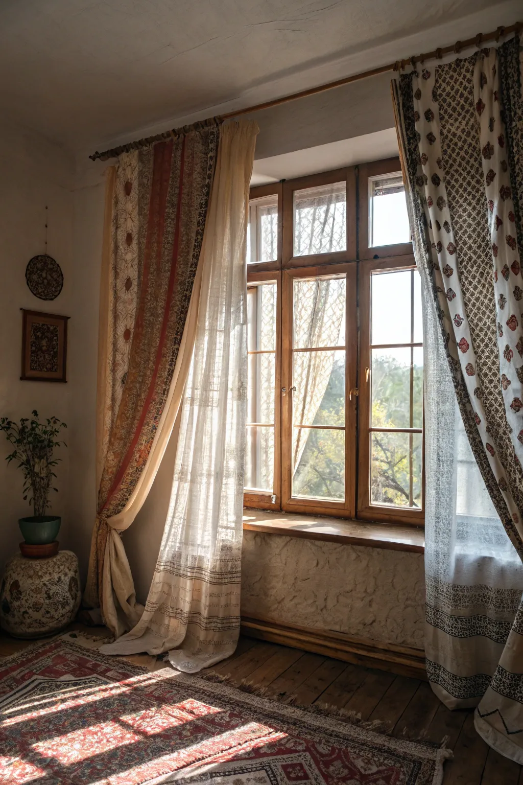 Eclectic mix of curtains for a bohemian touch.