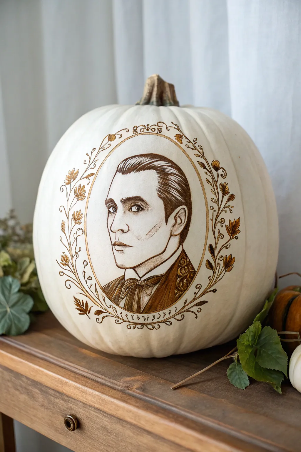 Embrace the eerie elegance with a minimalist Dracula pumpkin, where vintage charm meets modern simplicity.