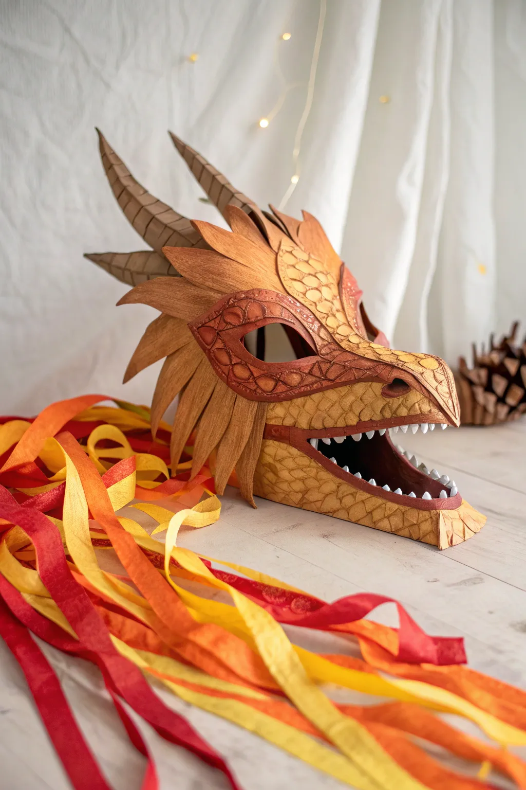 Ignite your imagination with this handcrafted dragon mask, where vibrant crepe paper streamers bring the fiery illusion to life.