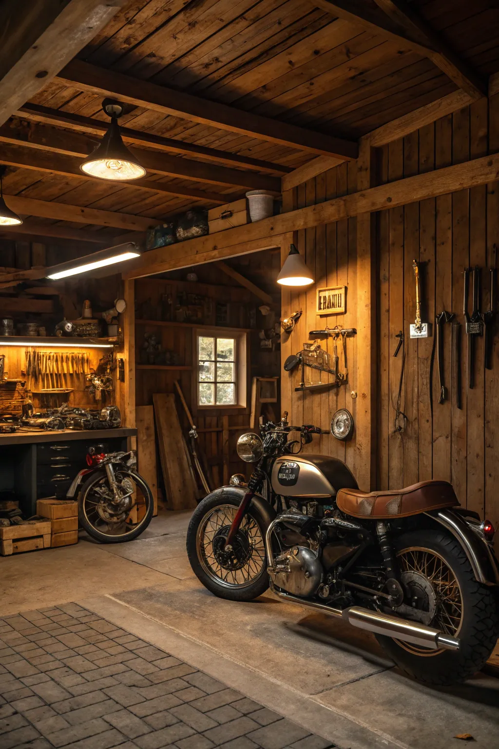 A garage with rustic wooden accents and a cozy atmosphere.