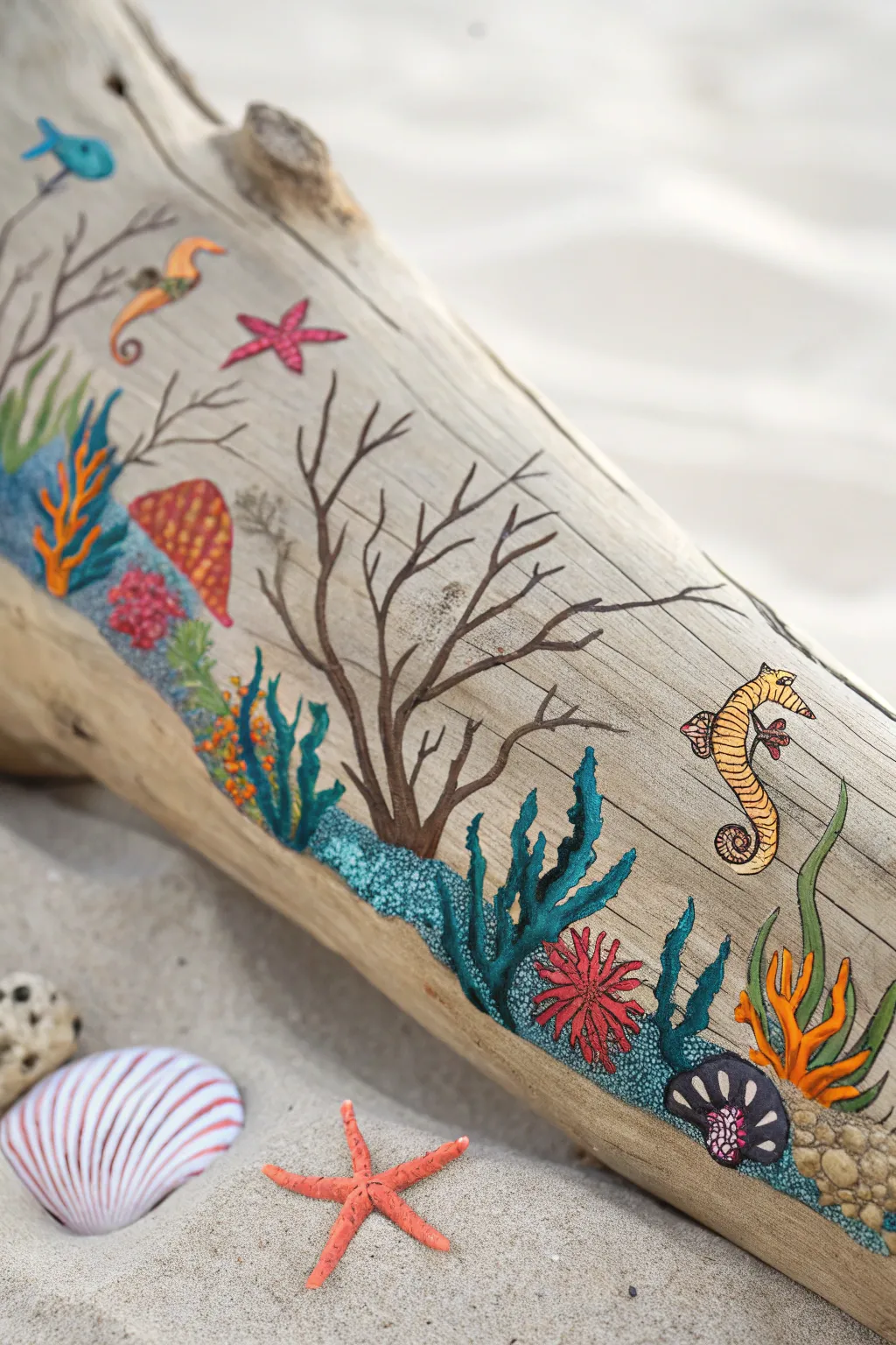 Dive into an Underwater Paradise with this beautifully painted driftwood masterpiece.