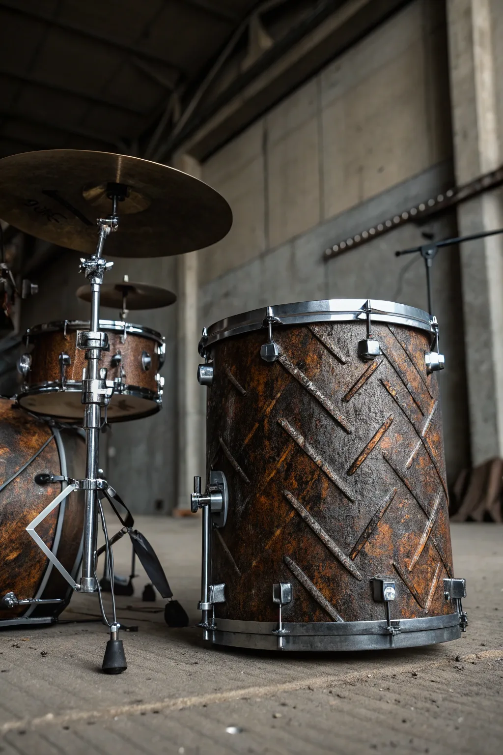Embrace the grit: Transform your drum kit with an industrial metal wrap for an edgy urban vibe.
