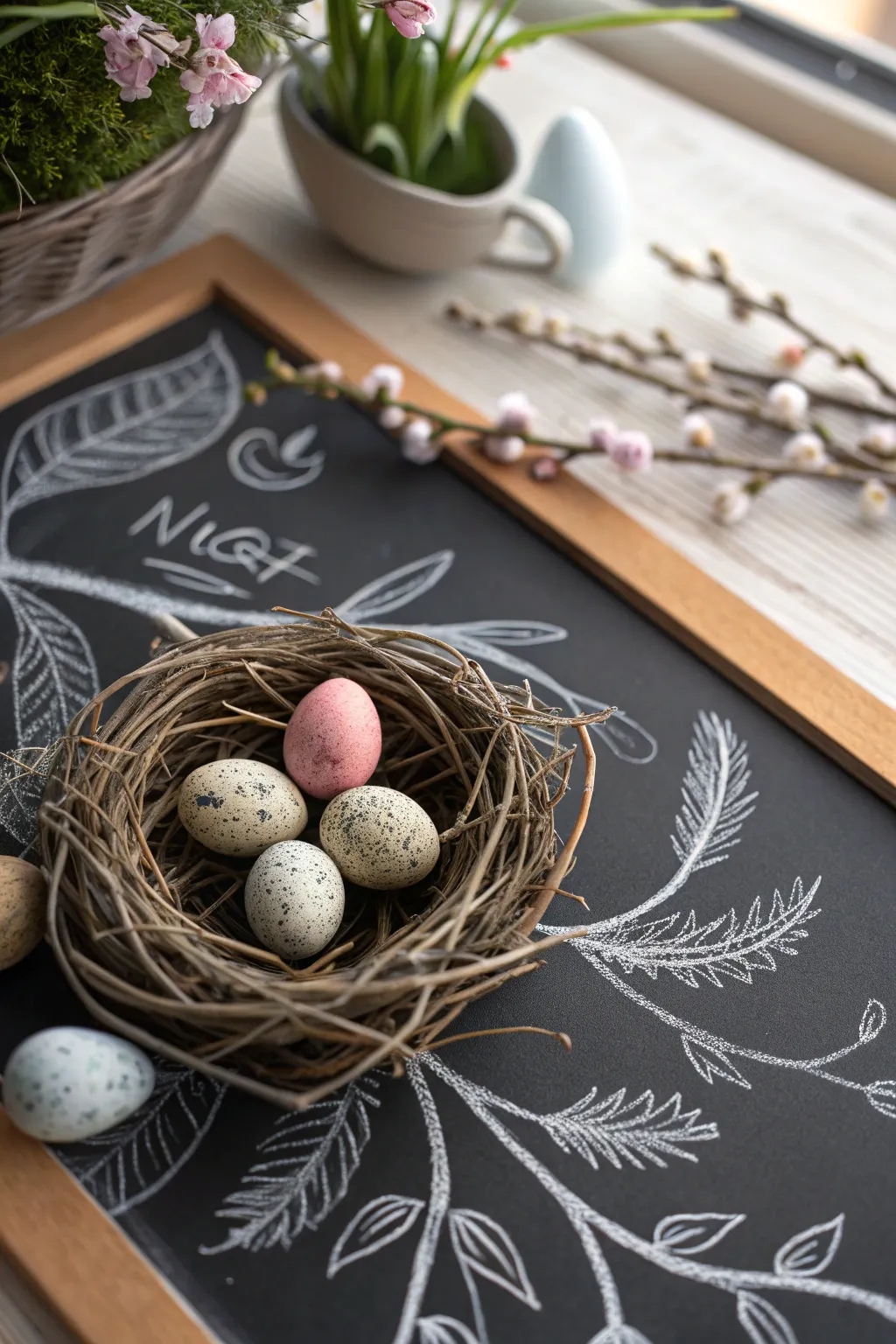 Embrace the art of simplicity with this charming Easter nest chalk art, perfect for a touch of nature-inspired elegance.