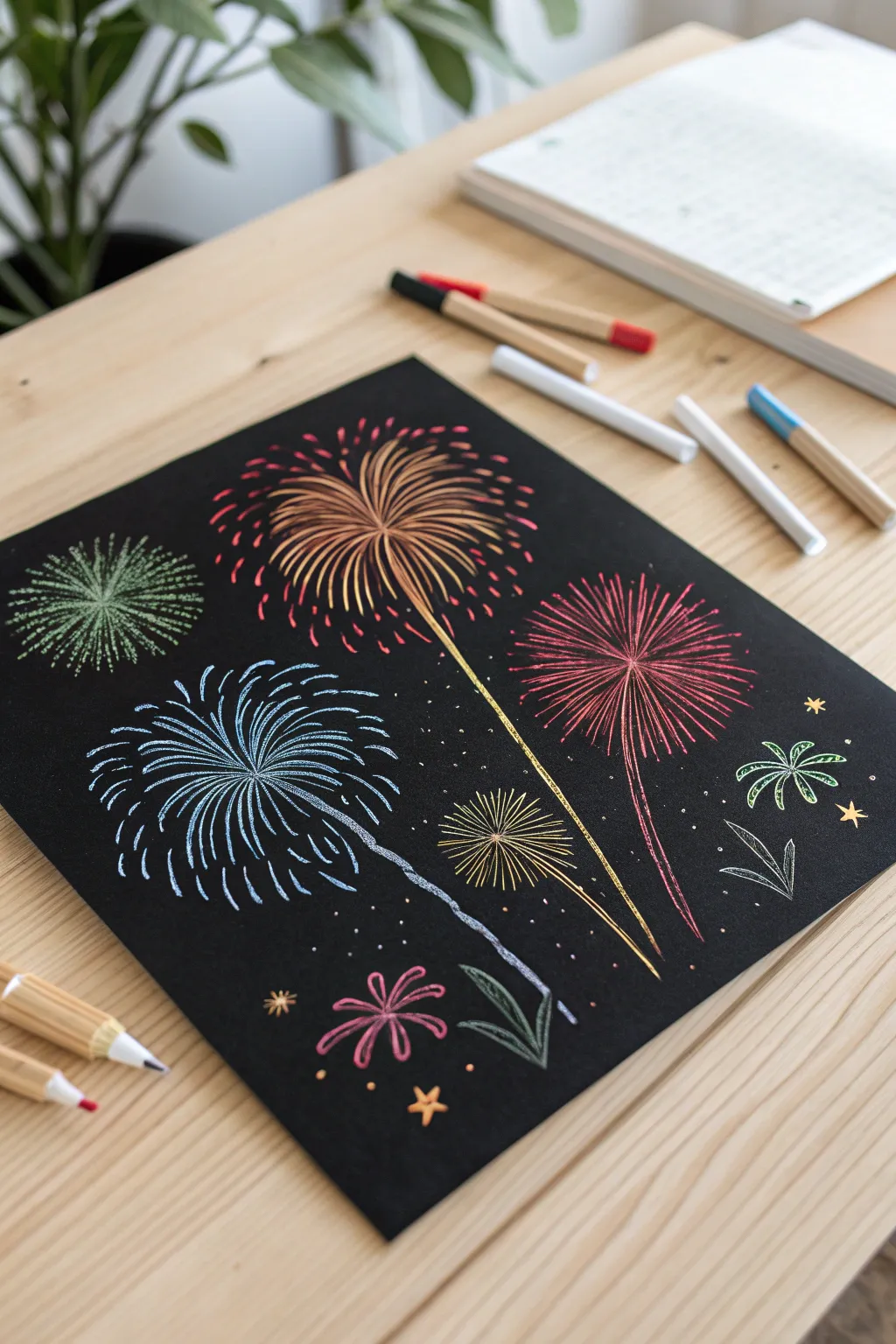 Unleash a burst of color with scratch art fireworks—where simplicity meets playful creativity!
