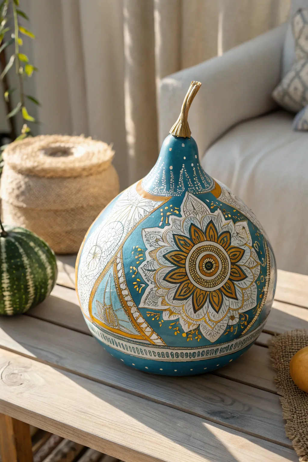 Unveil the magic of mandalas with this elegantly painted gourd, a perfect blend of simplicity and artistry.