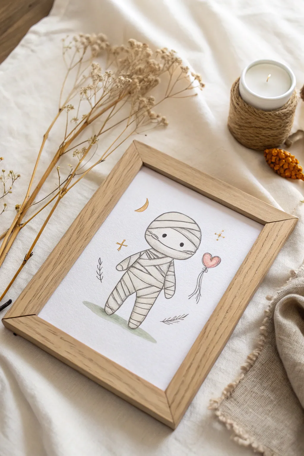 Unraveling the charm of simplicity: A playful mummy with a minimalist twist.