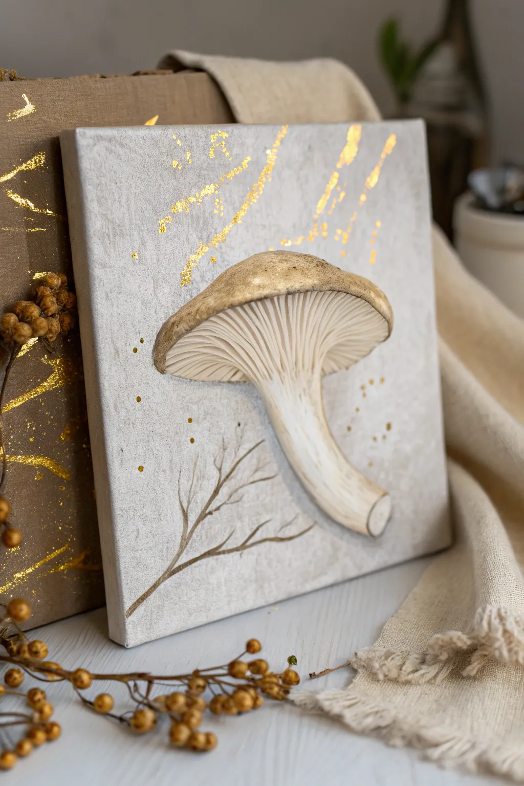 Elevate your art with a touch of gold – a minimalist mushroom masterpiece with a luxurious twist.