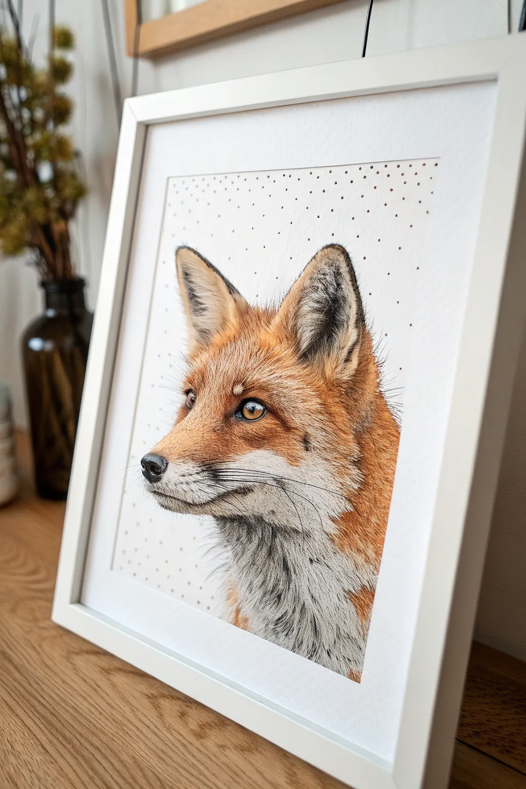 Bring a playful touch to your space with this charming pointillism fox portrait. Perfect for adding warmth and artistry to any room!