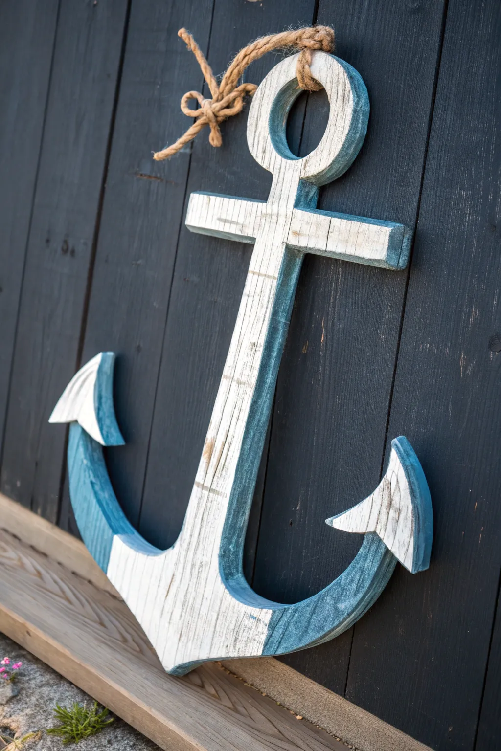 Craft the sea's serenity with this exquisite handcrafted wooden anchor, blending shades of blue and white for a calming coastal allure.
