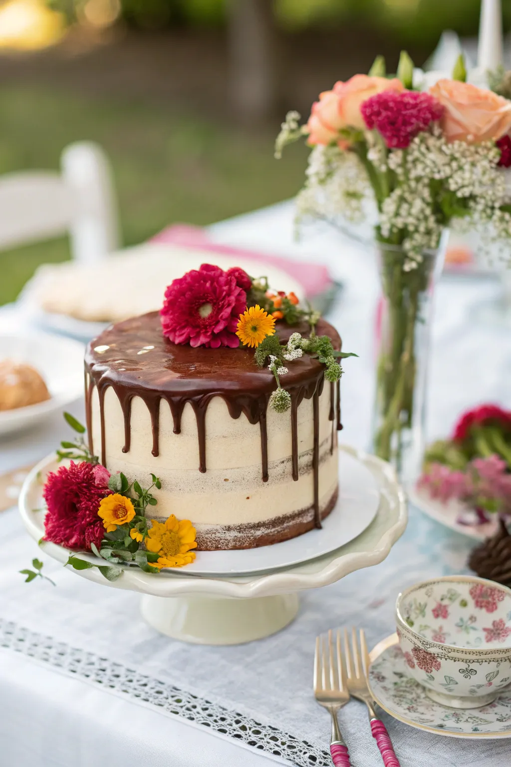 A dramatic drip cake with chocolate ganache and floral accents.
