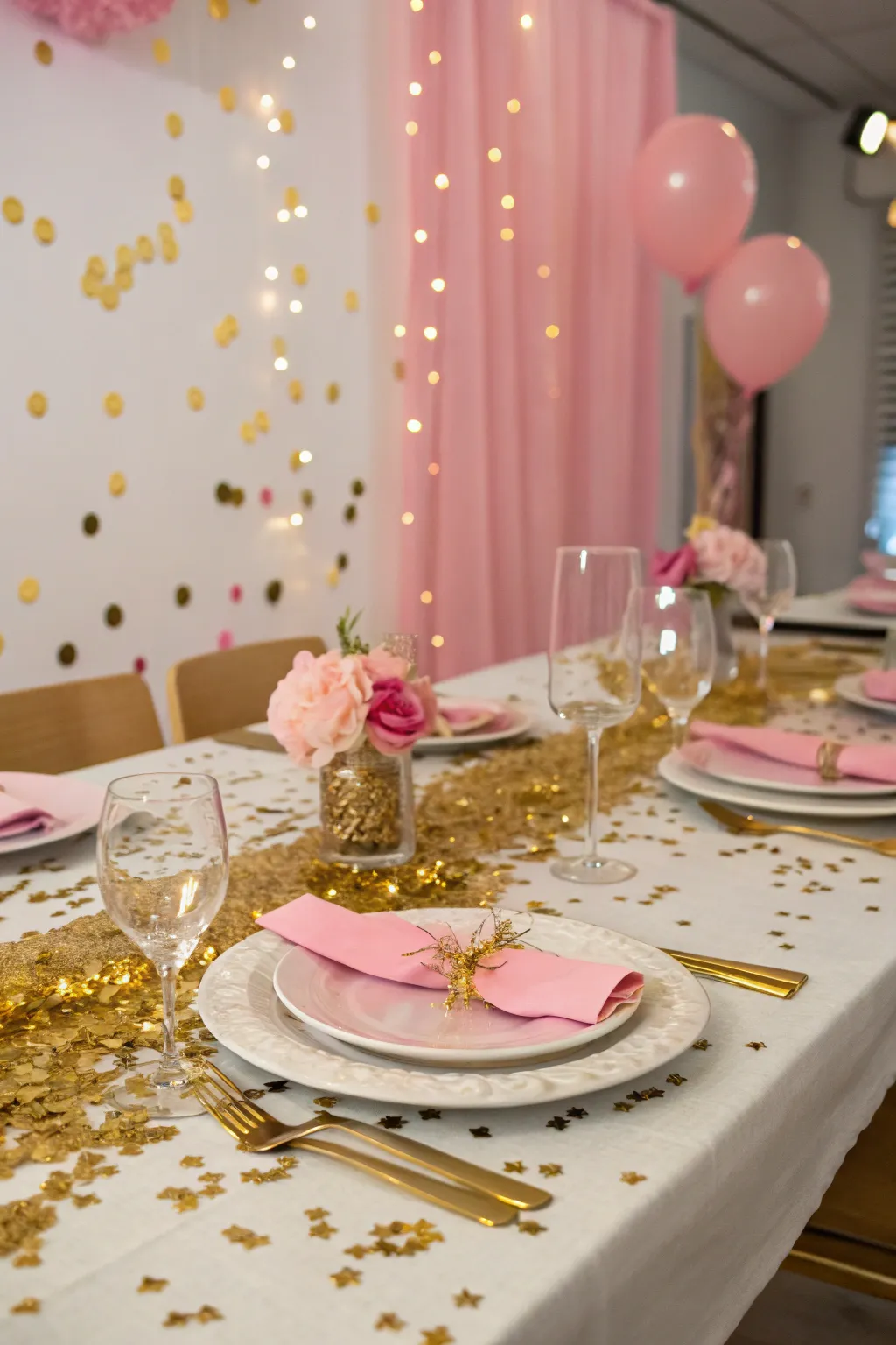 Gold confetti adds playful sparkle to the table.