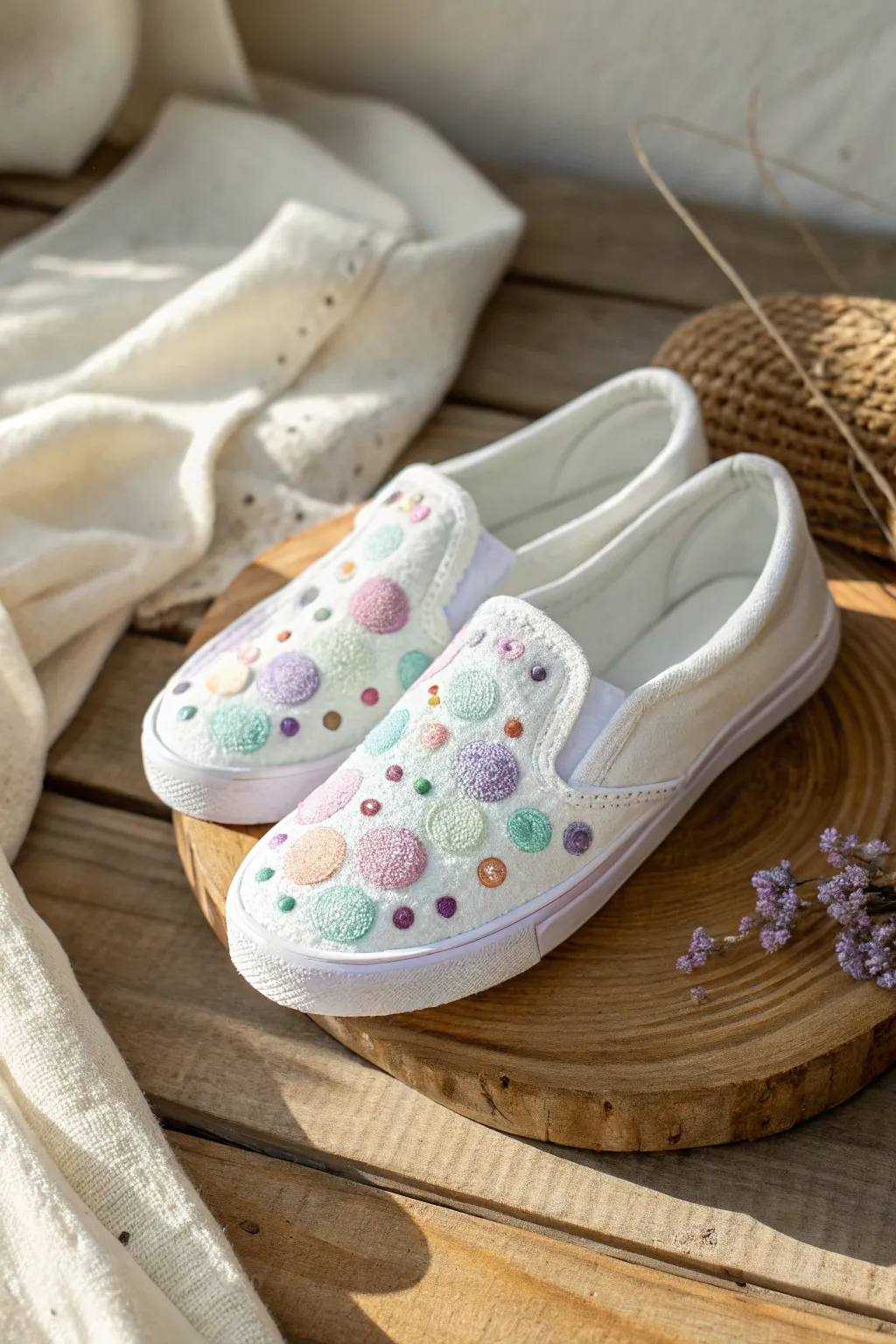 Step into playful elegance with these charming embroidered polka dot shoes, where simplicity meets creativity.