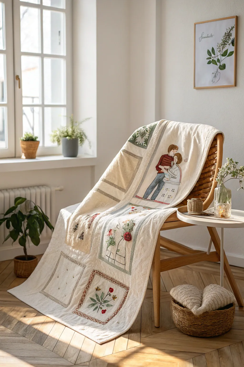 A timeless treasure: this embroidered quilt tells a love story, one square at a time.