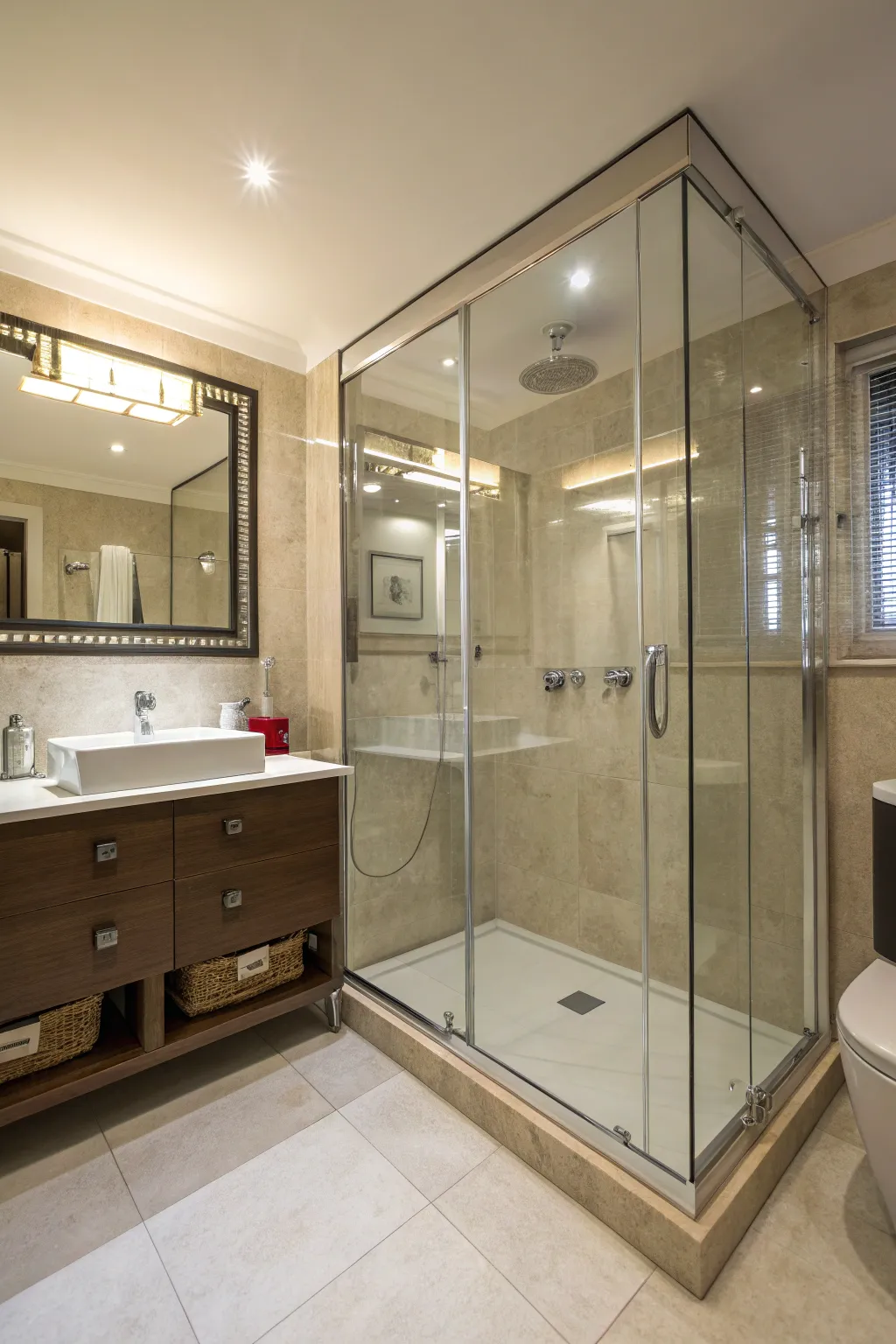 Create openness with glass shower enclosures.
