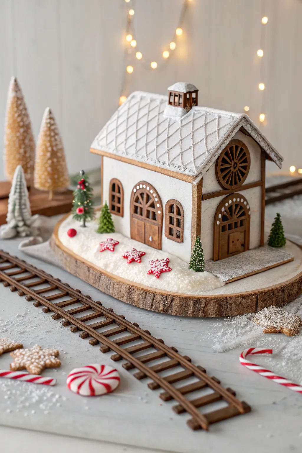 All aboard the sweetest journey! Discover the charm of this gingerbread train station, where simplicity meets sweet craftsmanship.