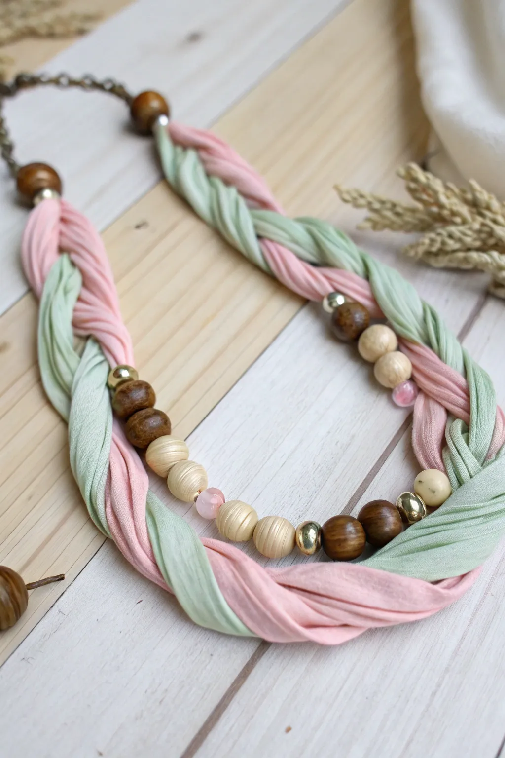 Delight in the harmonious blend of textures and colors with this fabric and bead necklace, a perfect touch of elegance for the modern minimalist.