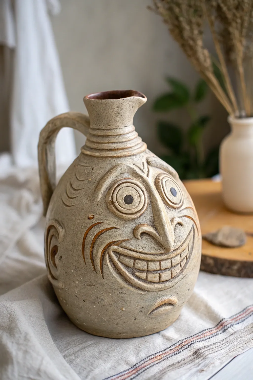 Bring a smile to your space with this whimsical face jug, where craftsmanship meets humor!