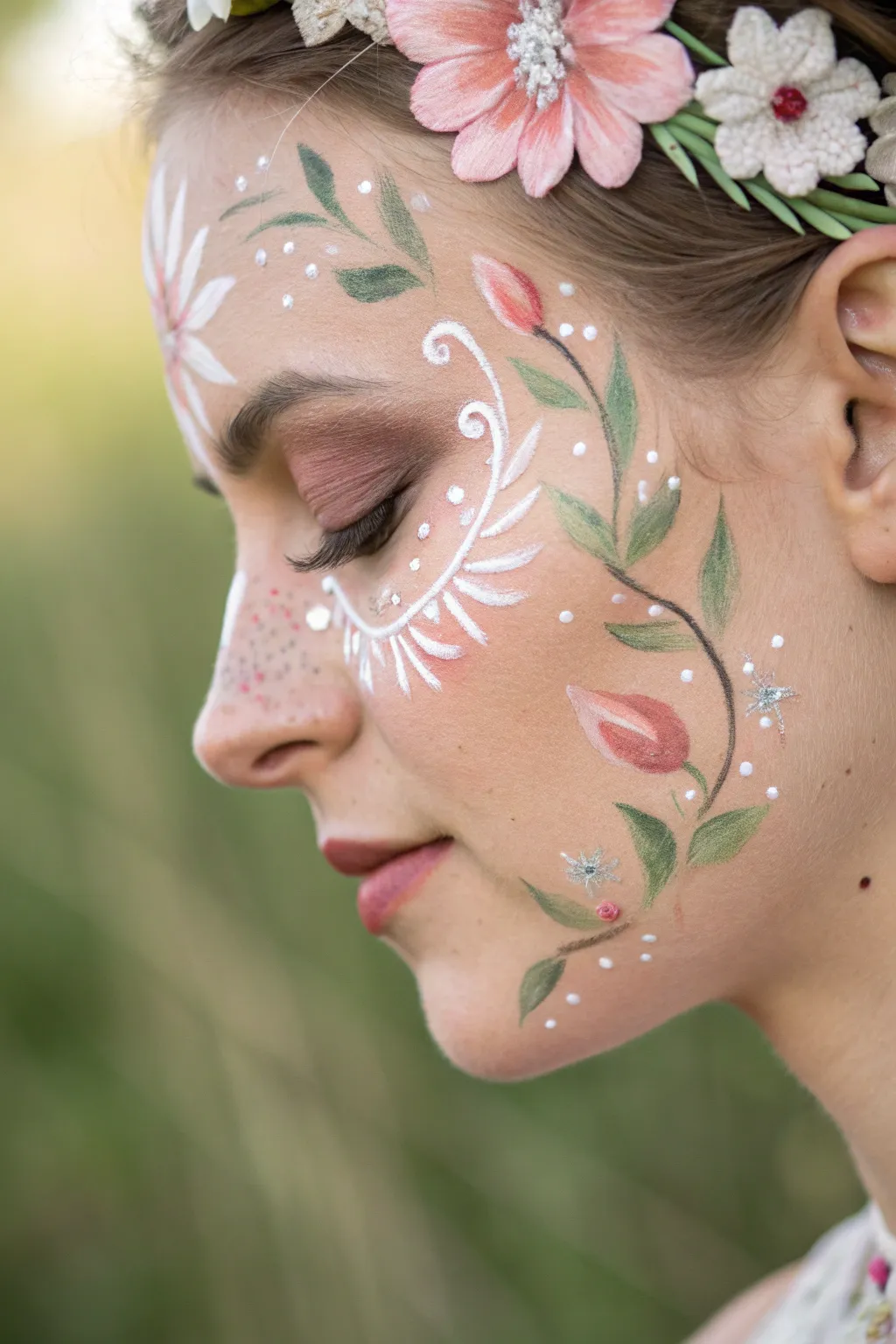 Add a touch of sparkle to your floral face paint for an enchanting, minimalist look.