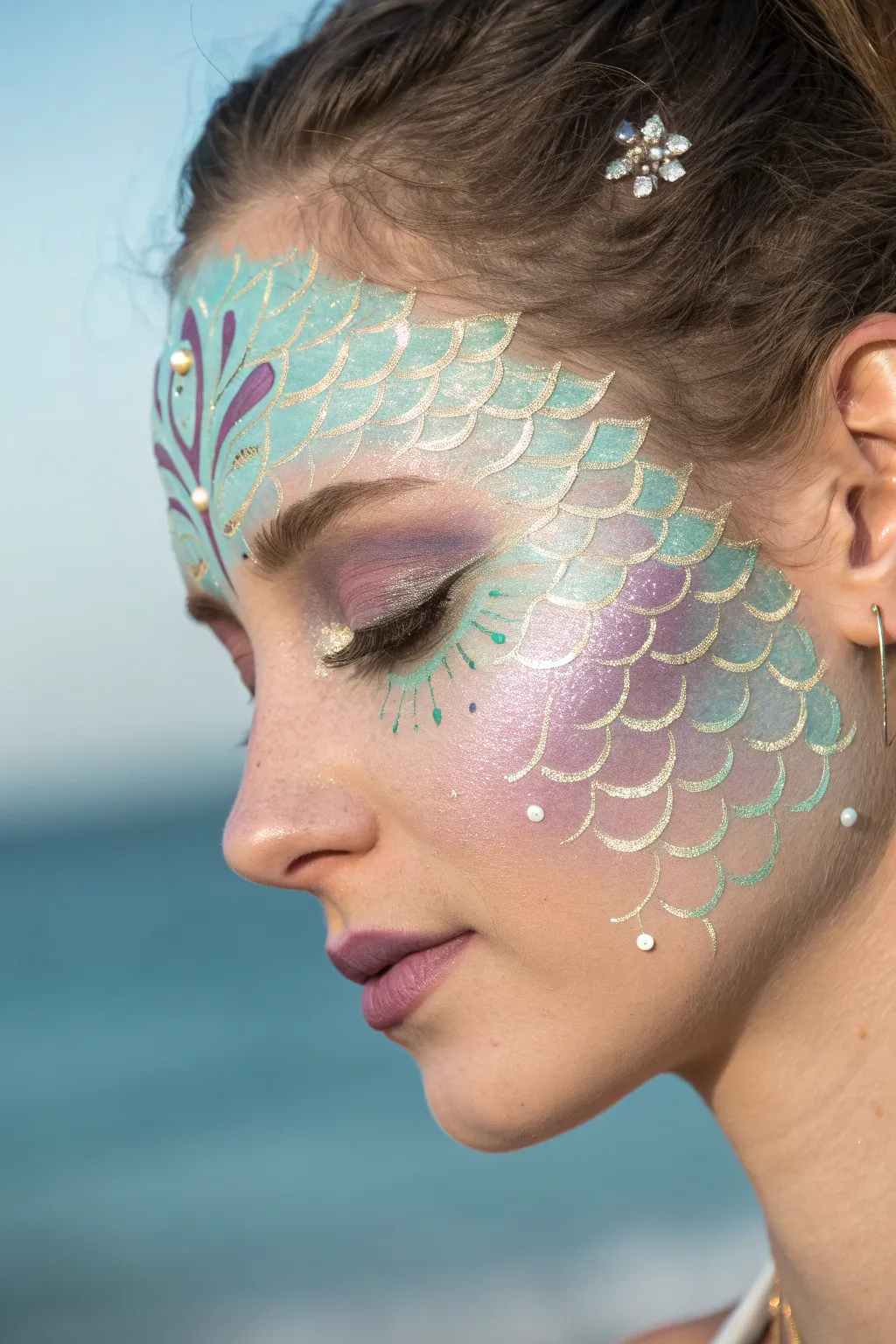 Transform into a mystical mermaid with this enchanting face paint design, perfect for your next underwater adventure!