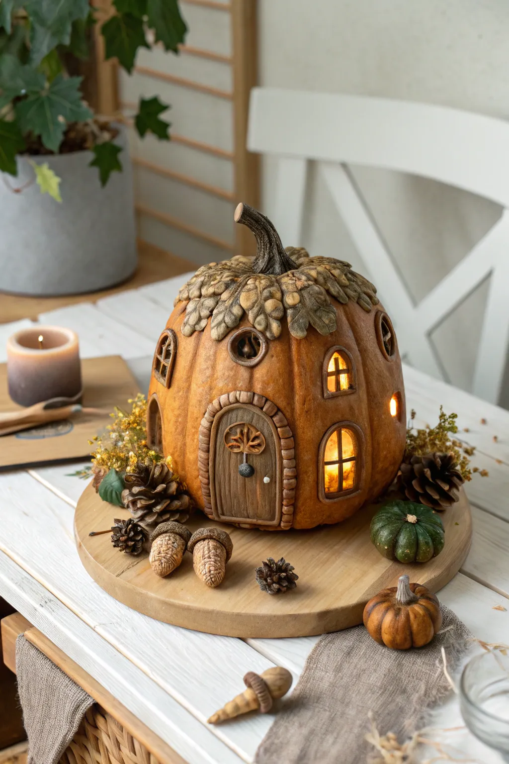 Embrace the magic of the season with this enchanting pumpkin fairy house, adorned with whimsical acorn details.