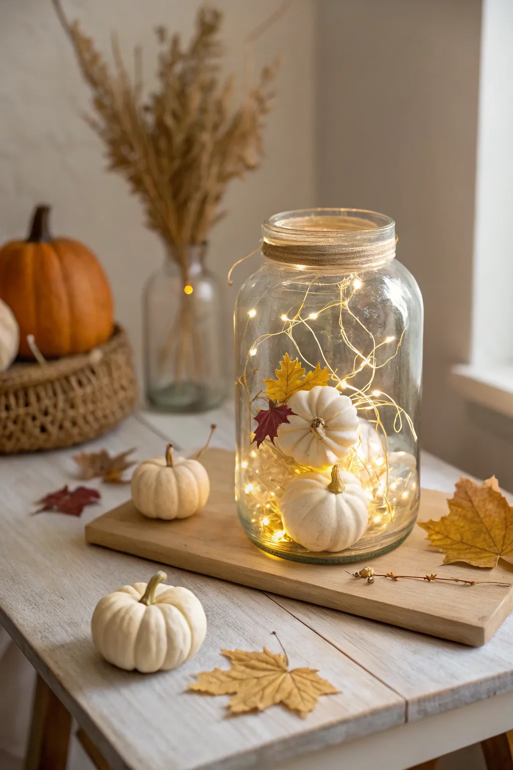 Embrace the magic of fall with a charming fairy jar, where simplicity and natural elegance unite.