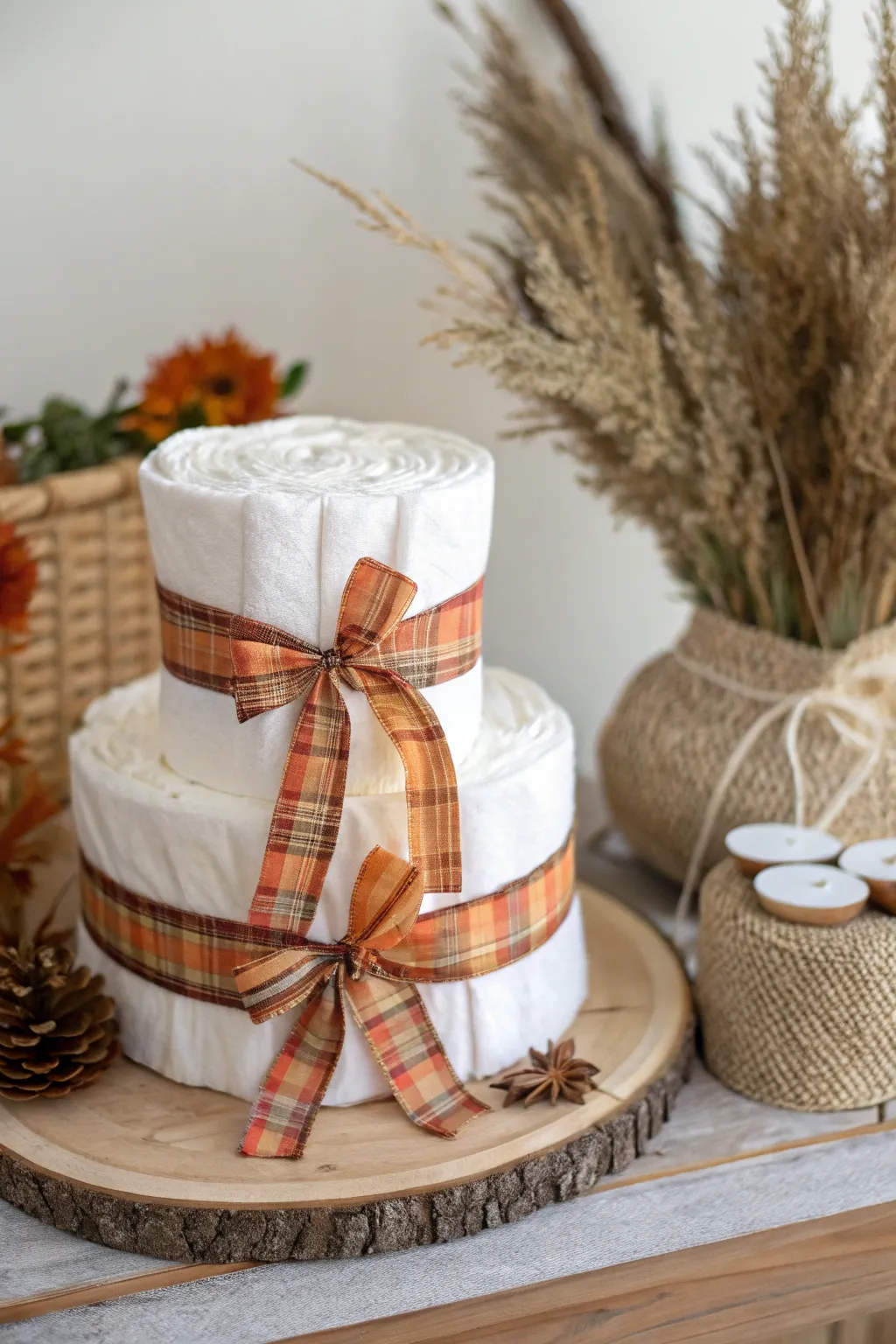 Embrace autumn with a plaid-inspired diaper cake, blending cozy nostalgia with minimalist elegance.