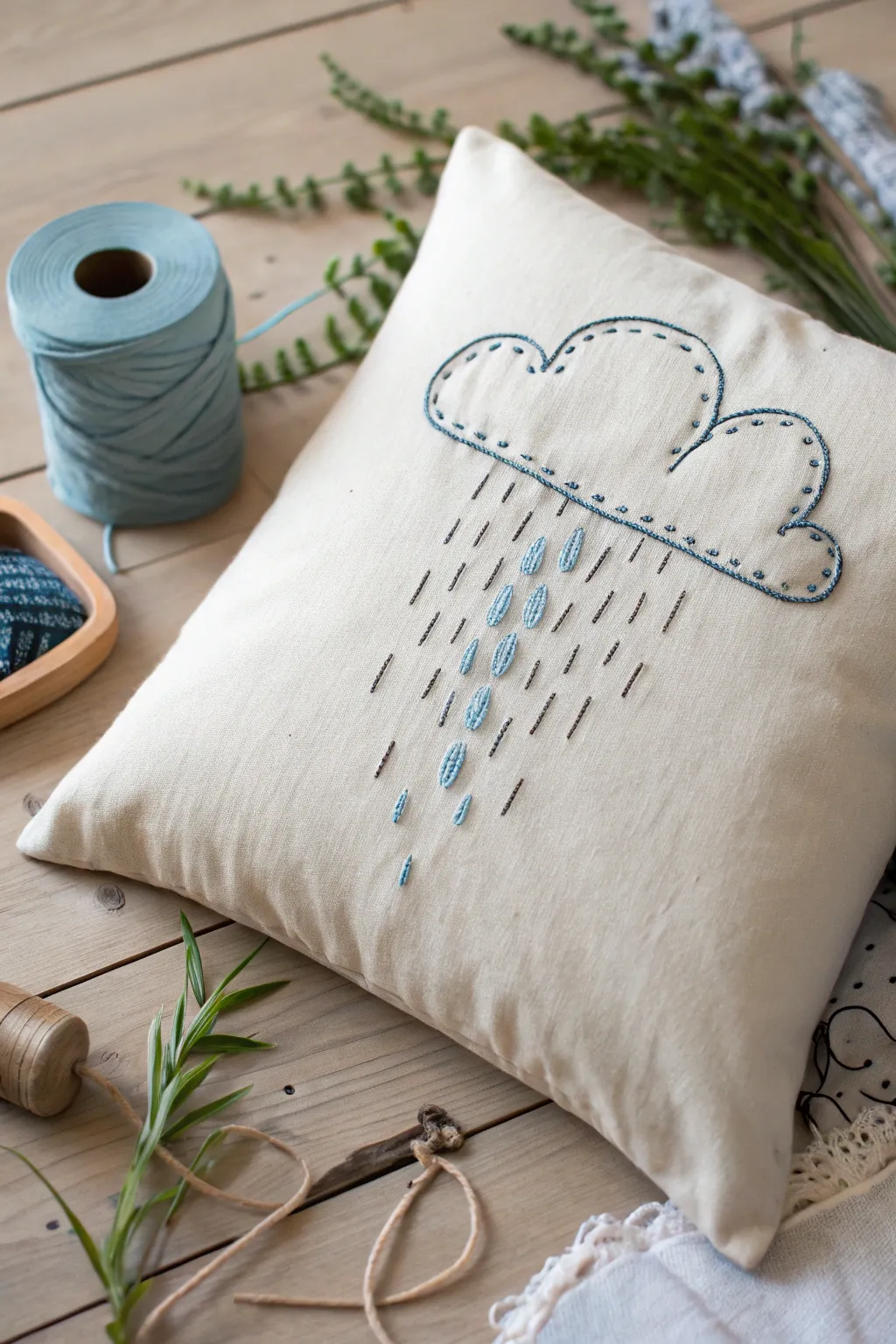 Embrace tranquility with this serene falling rain embroidery, perfect for a meditation pillow cover.