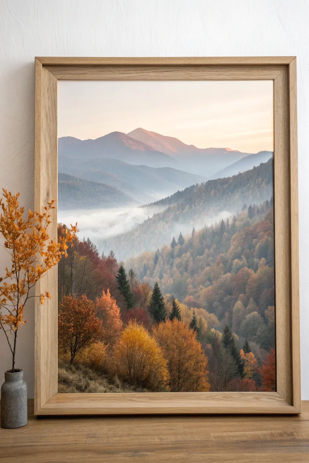Embrace the tranquility of a misty mountain morning in autumn hues.